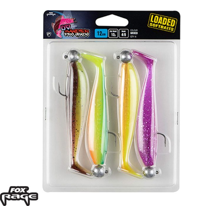 Fox Rage Zander Pro Shad 12cm x4 Mixed UV colour Pack LOADED 12g 4/0 heaad