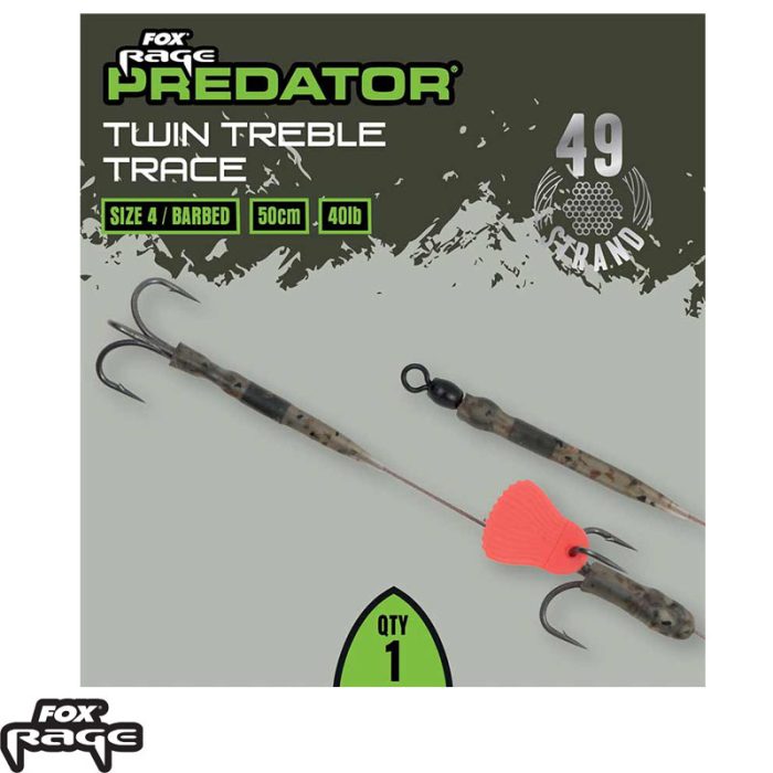 Fox Rage Predator Twin Treble Trace 52cm Size 4 Barbed - 40lb - Afbeelding 2